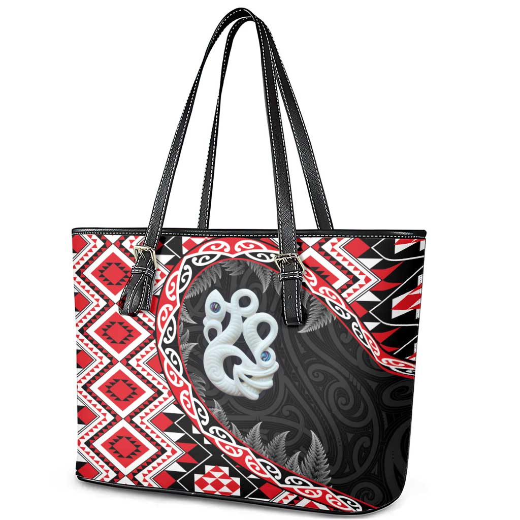 Red Taniko Motif Aotearoa Manaia and Silver Fern Leather Tote Bag