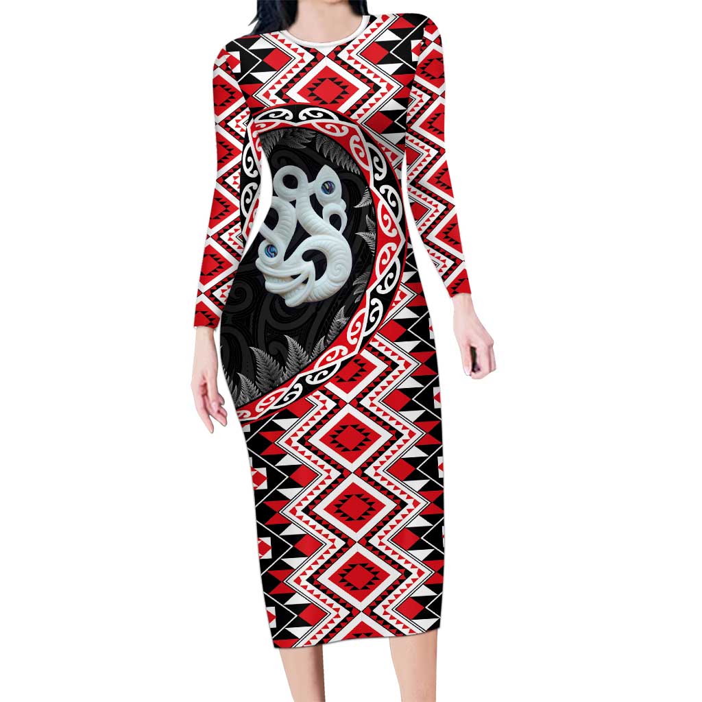 Red Taniko Motif Aotearoa Manaia and Silver Fern Long Sleeve Bodycon Dress LT03 Long Dress Red - Polynesian Pride