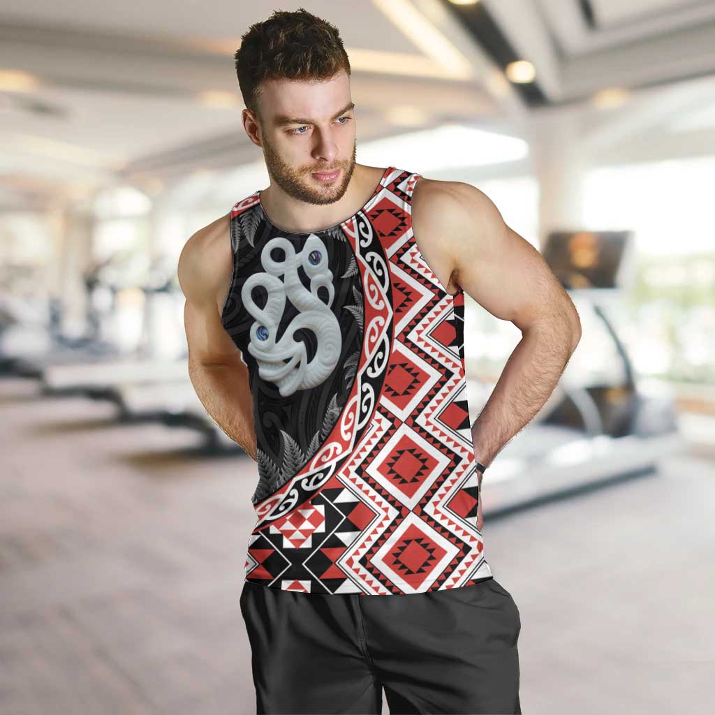 Red Taniko Motif Aotearoa Manaia and Silver Fern Men Tank Top