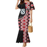 Red Taniko Motif Aotearoa Manaia and Silver Fern Mermaid Dress