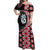 Red Taniko Motif Aotearoa Manaia and Silver Fern Off Shoulder Maxi Dress