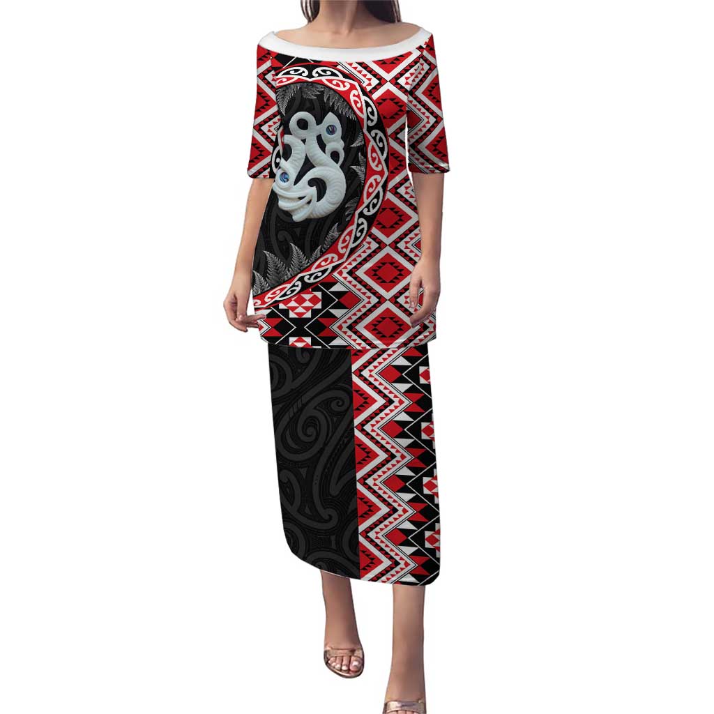Red Taniko Motif Aotearoa Manaia and Silver Fern Puletasi