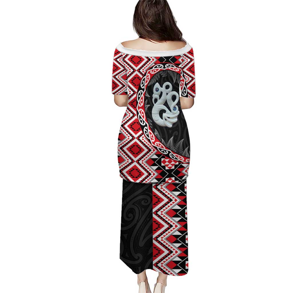 Red Taniko Motif Aotearoa Manaia and Silver Fern Puletasi