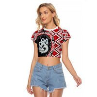 Red Taniko Motif Aotearoa Manaia and Silver Fern Raglan Cropped T Shirt