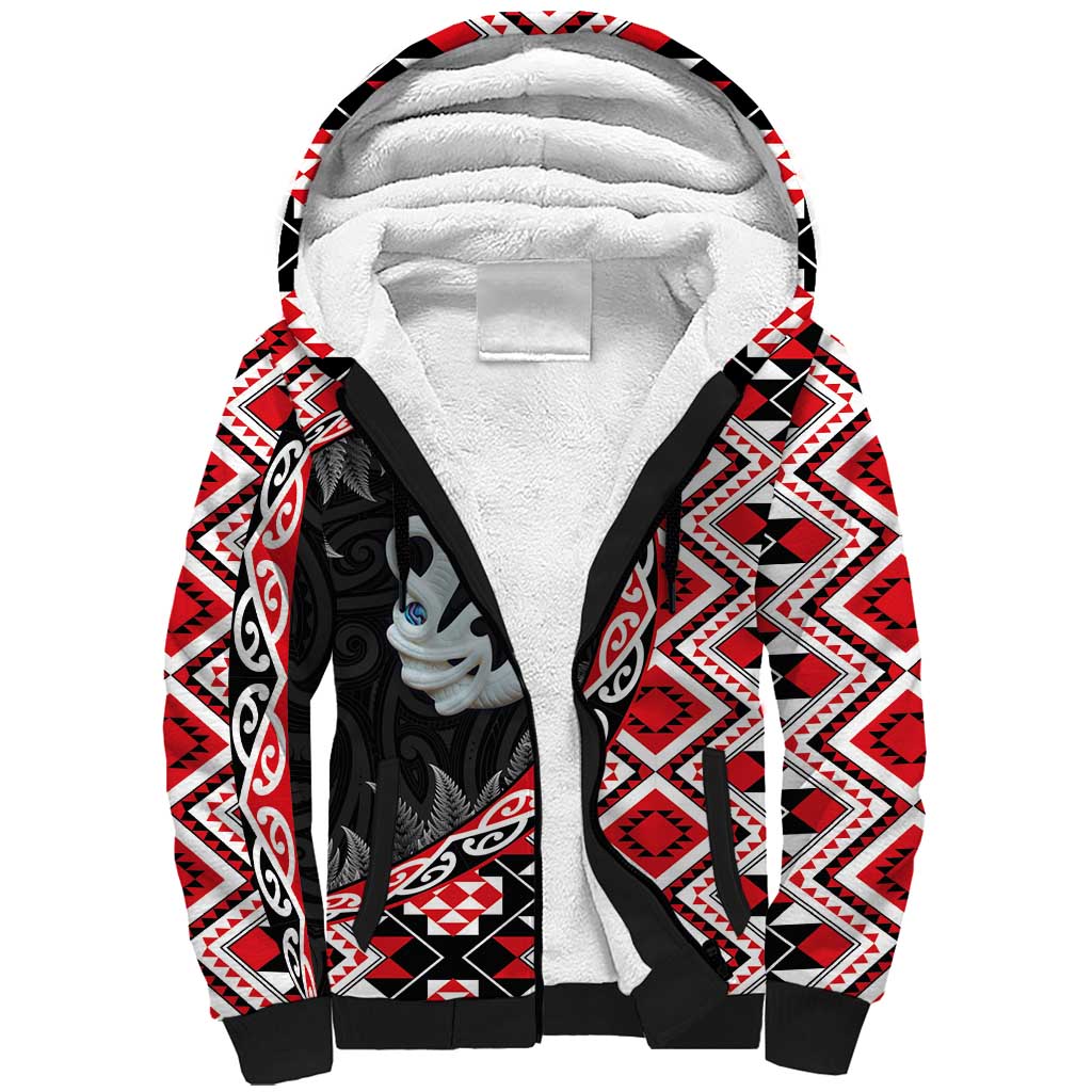 Red Taniko Motif Aotearoa Manaia and Silver Fern Sherpa Hoodie