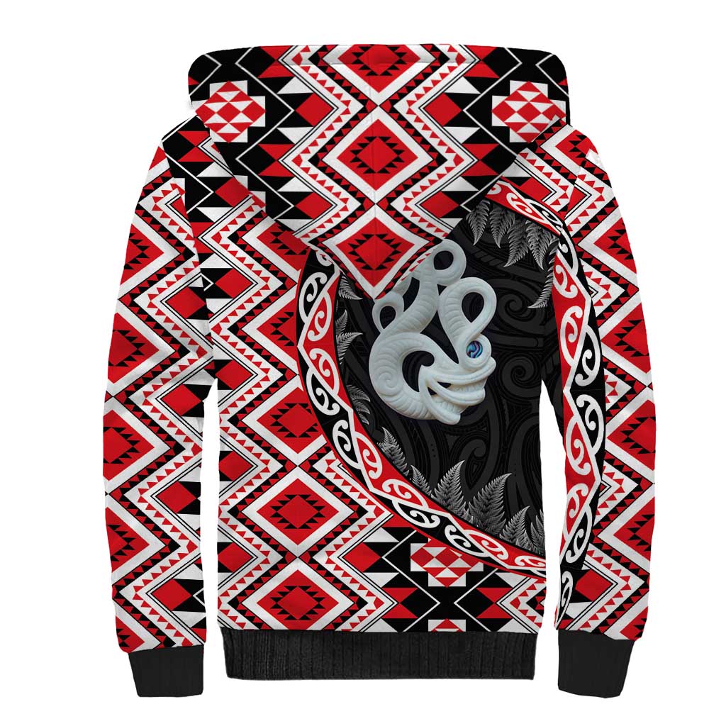 Red Taniko Motif Aotearoa Manaia and Silver Fern Sherpa Hoodie