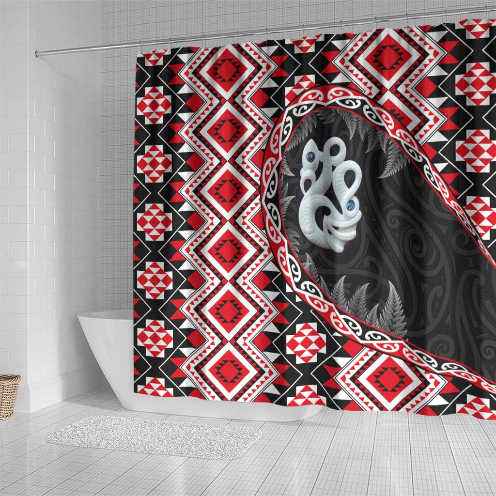 Red Taniko Motif Aotearoa Manaia and Silver Fern Shower Curtain