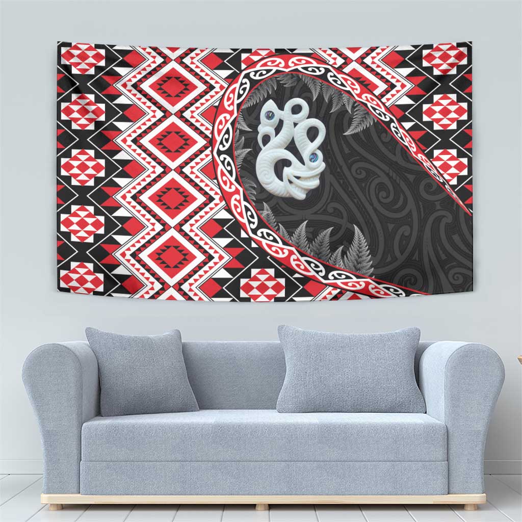 Red Taniko Motif Aotearoa Manaia and Silver Fern Tapestry