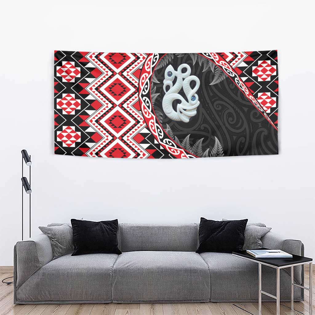 Red Taniko Motif Aotearoa Manaia and Silver Fern Tapestry