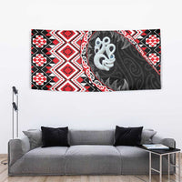 Red Taniko Motif Aotearoa Manaia and Silver Fern Tapestry