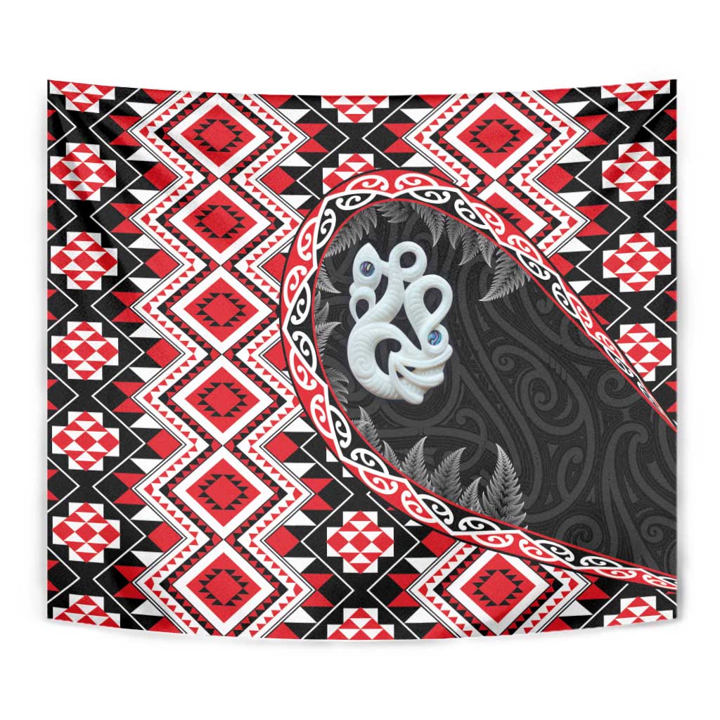 Red Taniko Motif Aotearoa Manaia and Silver Fern Tapestry