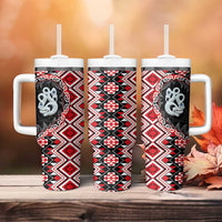 Red Taniko Motif Aotearoa Manaia and Silver Fern Tumbler With Handle