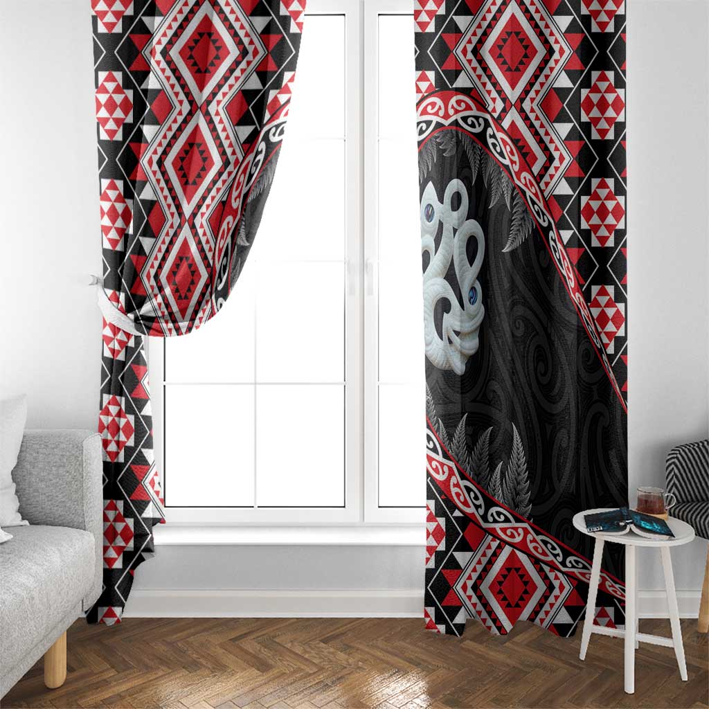 Red Taniko Motif Aotearoa Manaia and Silver Fern Window Curtain