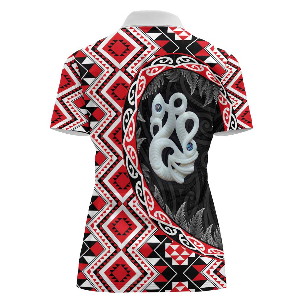 Red Taniko Motif Aotearoa Manaia and Silver Fern Women Polo Shirt