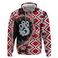 Red Taniko Motif Aotearoa Manaia and Silver Fern Zip Hoodie LT03 Pullover Hoodie Red - Polynesian Pride