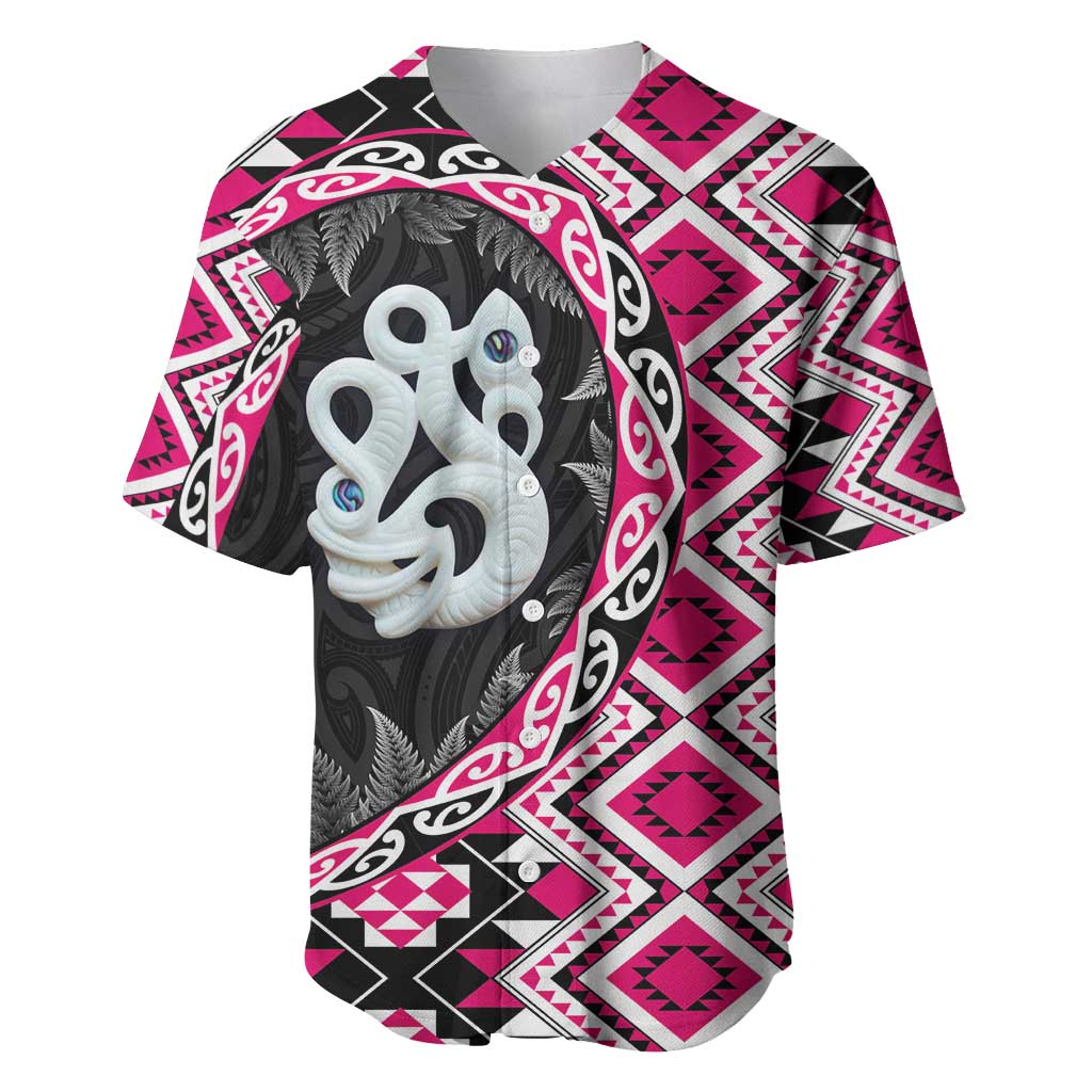 Pink Taniko Motif Aotearoa Manaia and Silver Fern Baseball Jersey