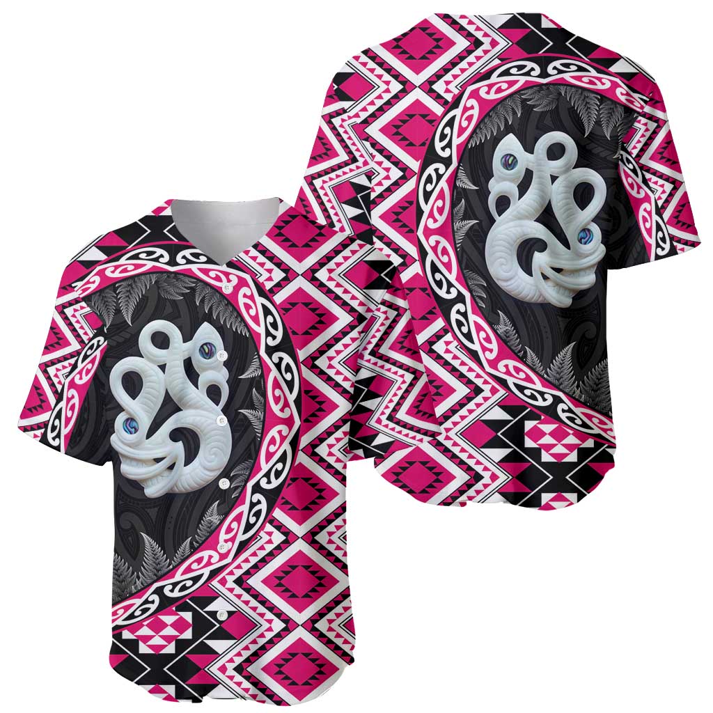 Pink Taniko Motif Aotearoa Manaia and Silver Fern Baseball Jersey