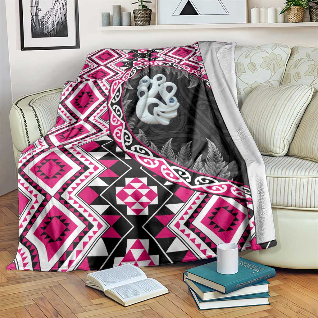 Pink Taniko Motif Aotearoa Manaia and Silver Fern Blanket