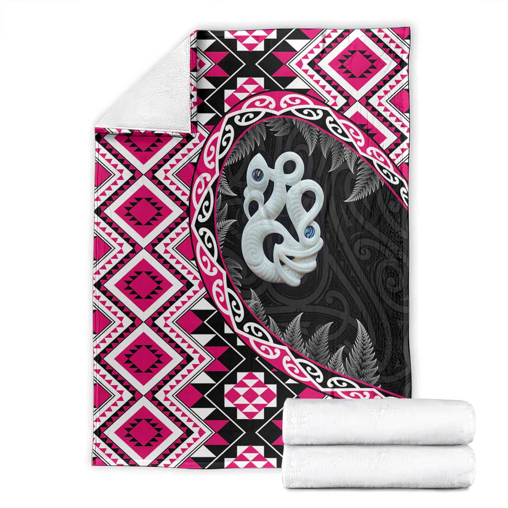Pink Taniko Motif Aotearoa Manaia and Silver Fern Blanket