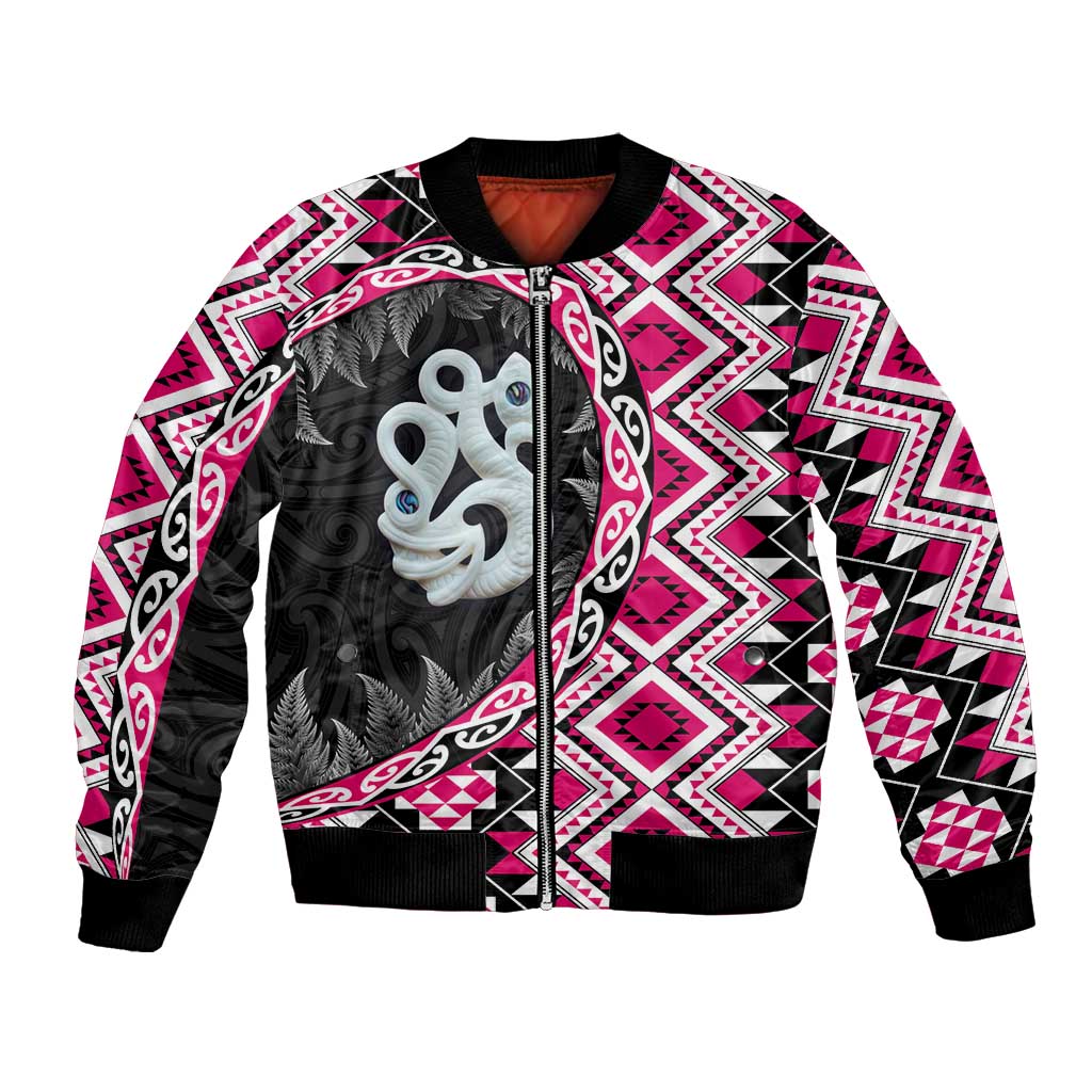Pink Taniko Motif Aotearoa Manaia and Silver Fern Bomber Jacket LT03 Unisex Pink - Polynesian Pride