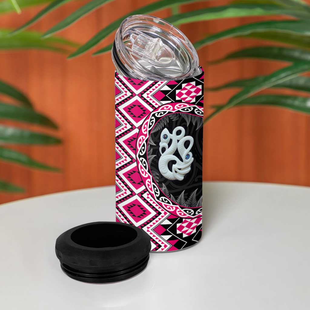 Pink Taniko Motif Aotearoa Manaia and Silver Fern 4 in 1 Can Cooler Tumbler