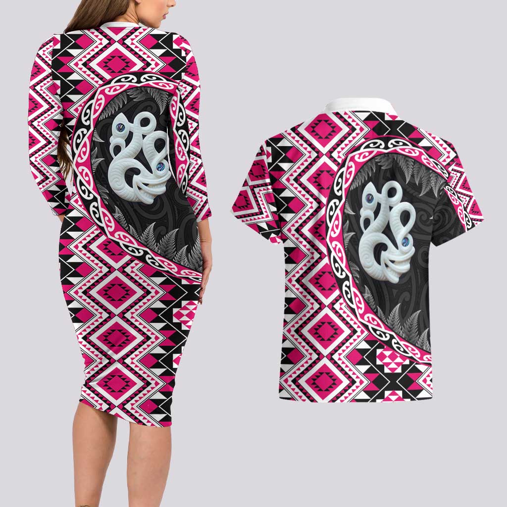 Pink Taniko Motif Aotearoa Manaia and Silver Fern Couples Matching Long Sleeve Bodycon Dress and Hawaiian Shirt