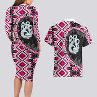 Pink Taniko Motif Aotearoa Manaia and Silver Fern Couples Matching Long Sleeve Bodycon Dress and Hawaiian Shirt