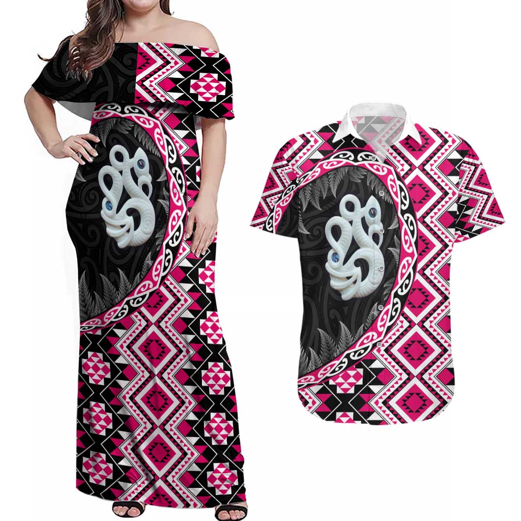 Pink Taniko Motif Aotearoa Manaia and Silver Fern Couples Matching Off Shoulder Maxi Dress and Hawaiian Shirt