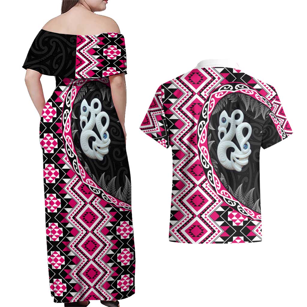 Pink Taniko Motif Aotearoa Manaia and Silver Fern Couples Matching Off Shoulder Maxi Dress and Hawaiian Shirt