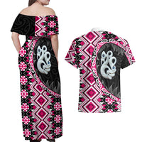 Pink Taniko Motif Aotearoa Manaia and Silver Fern Couples Matching Off Shoulder Maxi Dress and Hawaiian Shirt