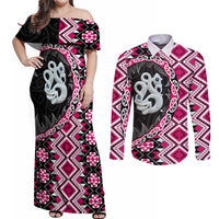 Pink Taniko Motif Aotearoa Manaia and Silver Fern Couples Matching Off Shoulder Maxi Dress and Long Sleeve Button Shirt