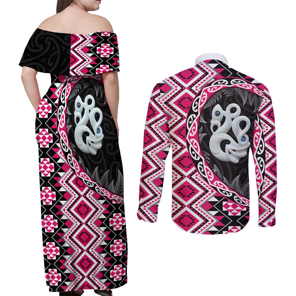 Pink Taniko Motif Aotearoa Manaia and Silver Fern Couples Matching Off Shoulder Maxi Dress and Long Sleeve Button Shirt
