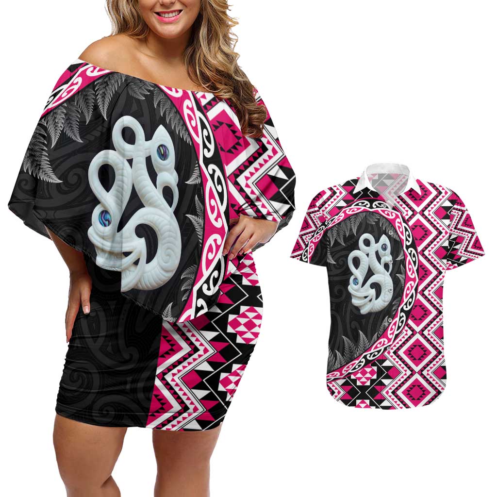 Pink Taniko Motif Aotearoa Manaia and Silver Fern Couples Matching Off Shoulder Short Dress and Hawaiian Shirt