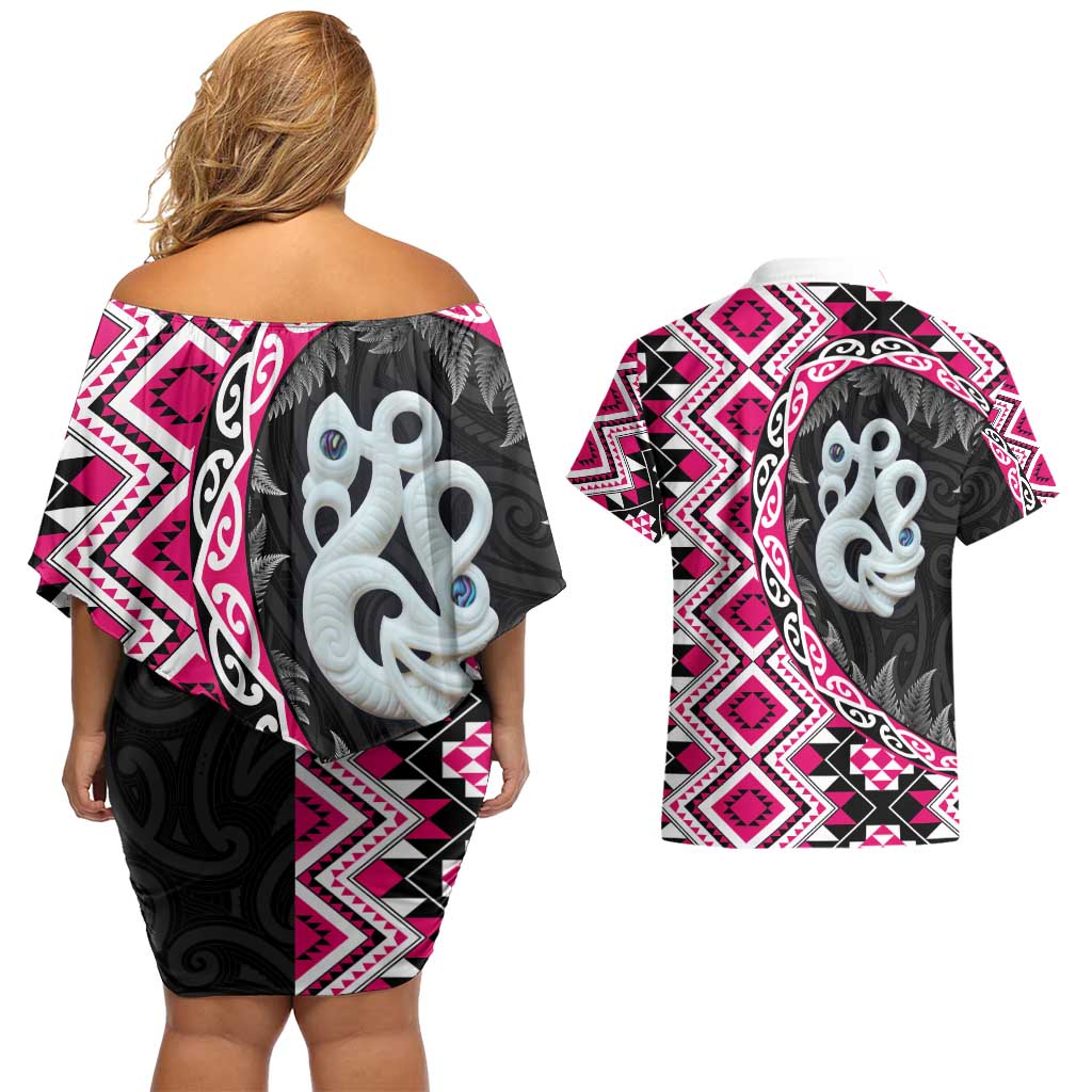 Pink Taniko Motif Aotearoa Manaia and Silver Fern Couples Matching Off Shoulder Short Dress and Hawaiian Shirt