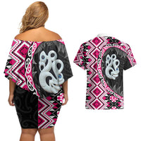 Pink Taniko Motif Aotearoa Manaia and Silver Fern Couples Matching Off Shoulder Short Dress and Hawaiian Shirt