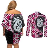 Pink Taniko Motif Aotearoa Manaia and Silver Fern Couples Matching Off Shoulder Short Dress and Long Sleeve Button Shirt