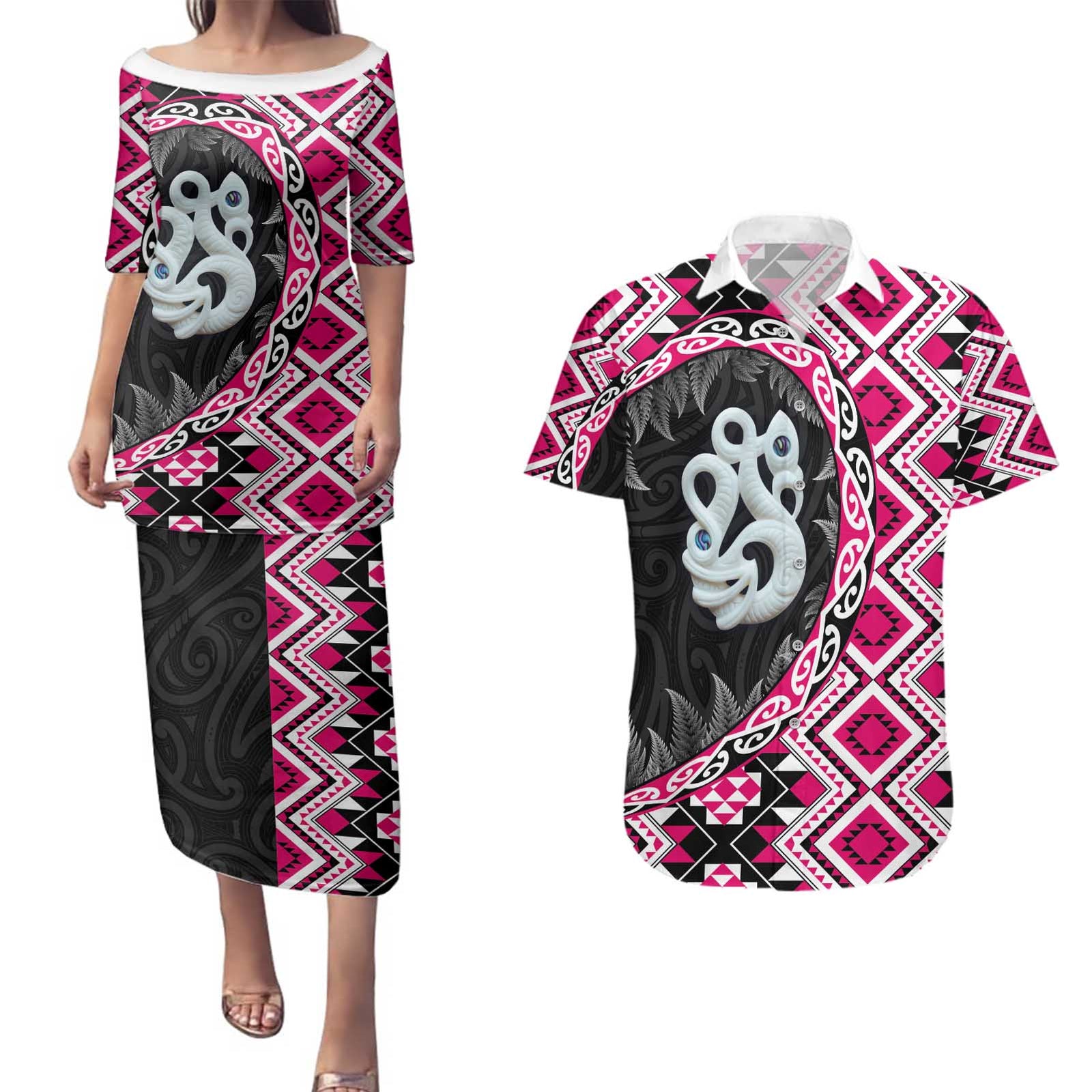Pink Taniko Motif Aotearoa Manaia and Silver Fern Couples Matching Puletasi and Hawaiian Shirt