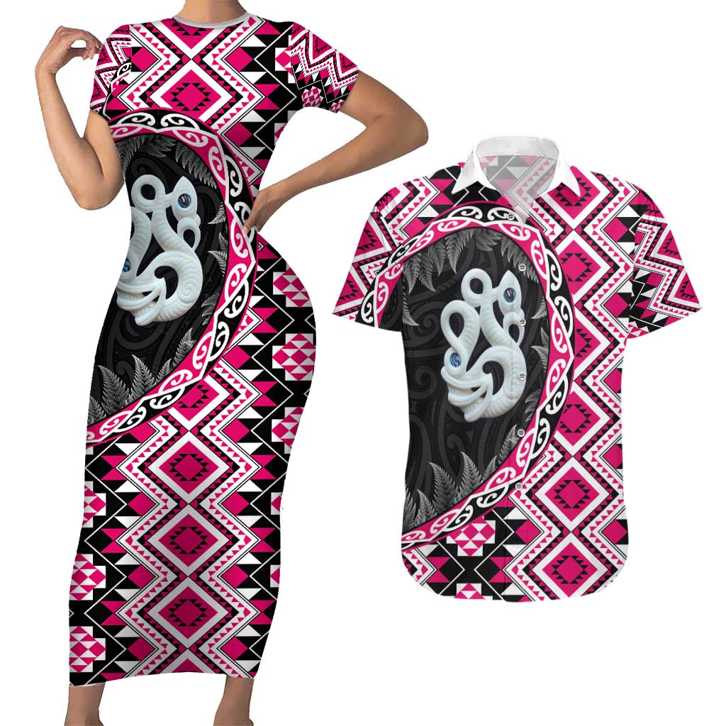 Pink Taniko Motif Aotearoa Manaia and Silver Fern Couples Matching Short Sleeve Bodycon Dress and Hawaiian Shirt