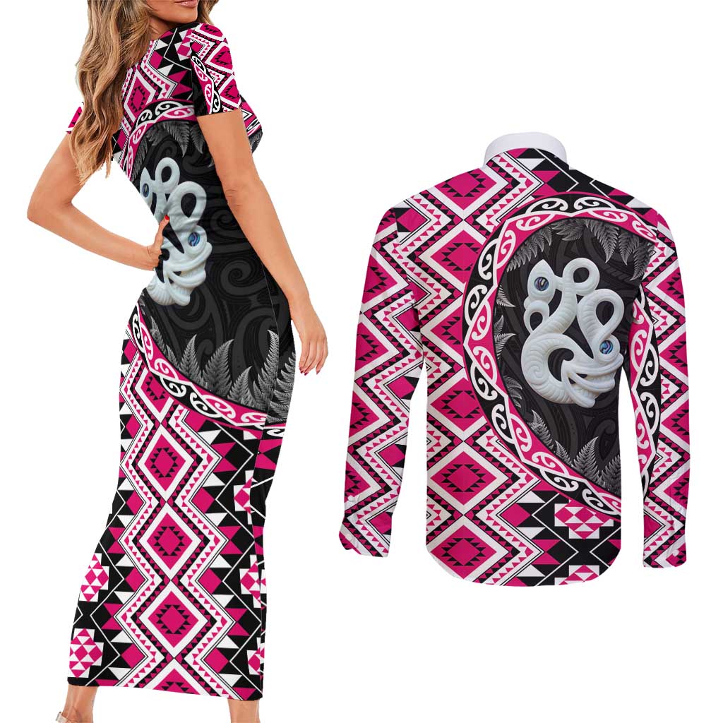 Pink Taniko Motif Aotearoa Manaia and Silver Fern Couples Matching Short Sleeve Bodycon Dress and Long Sleeve Button Shirt LT03 - Polynesian Pride