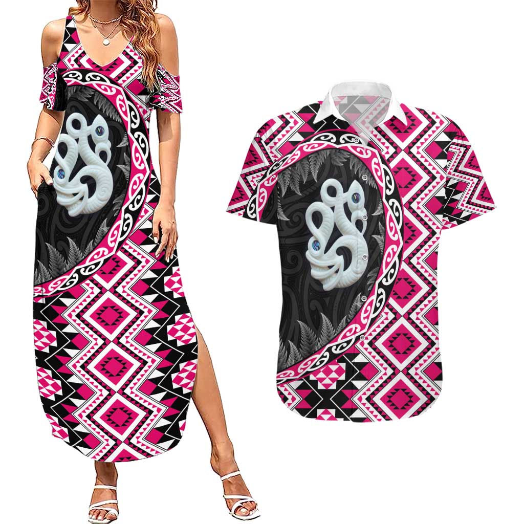 Pink Taniko Motif Aotearoa Manaia and Silver Fern Couples Matching Summer Maxi Dress and Hawaiian Shirt