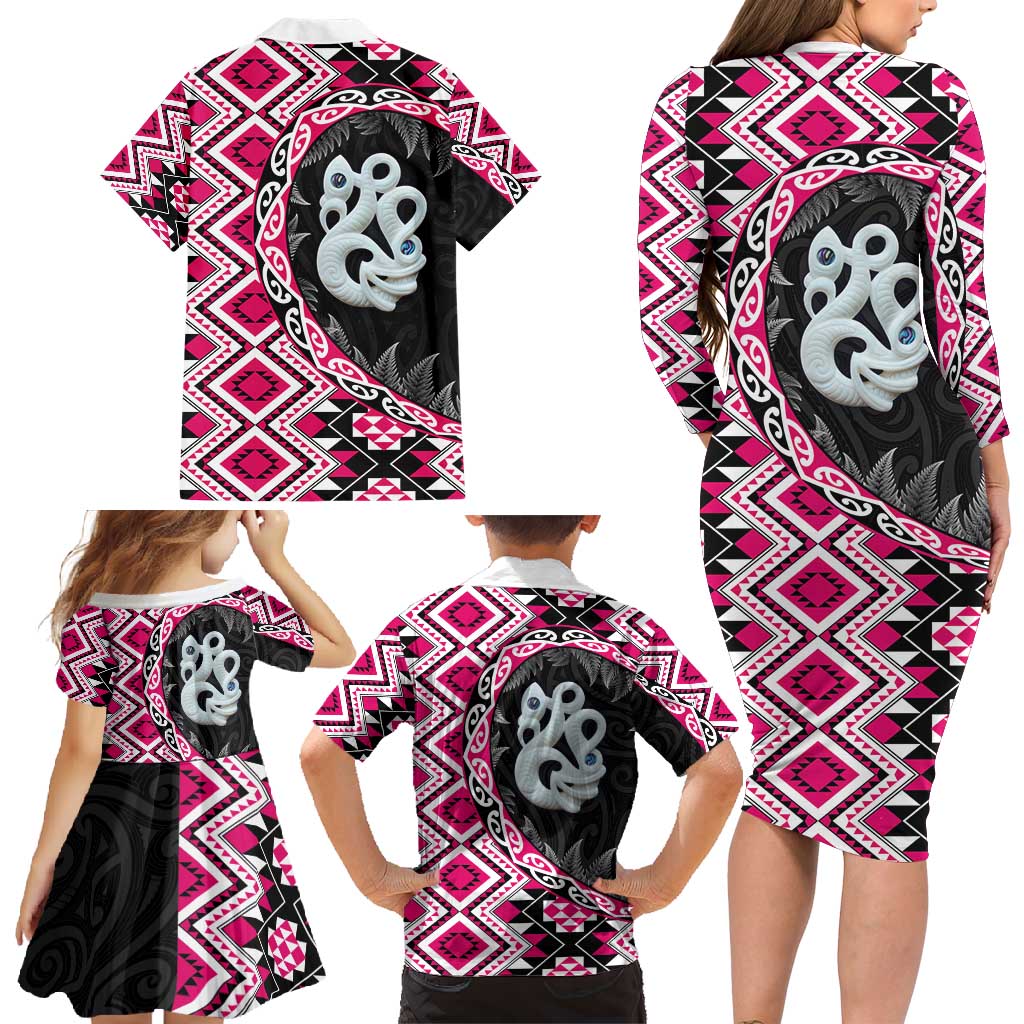 Pink Taniko Motif Aotearoa Manaia and Silver Fern Family Matching Long Sleeve Bodycon Dress and Hawaiian Shirt