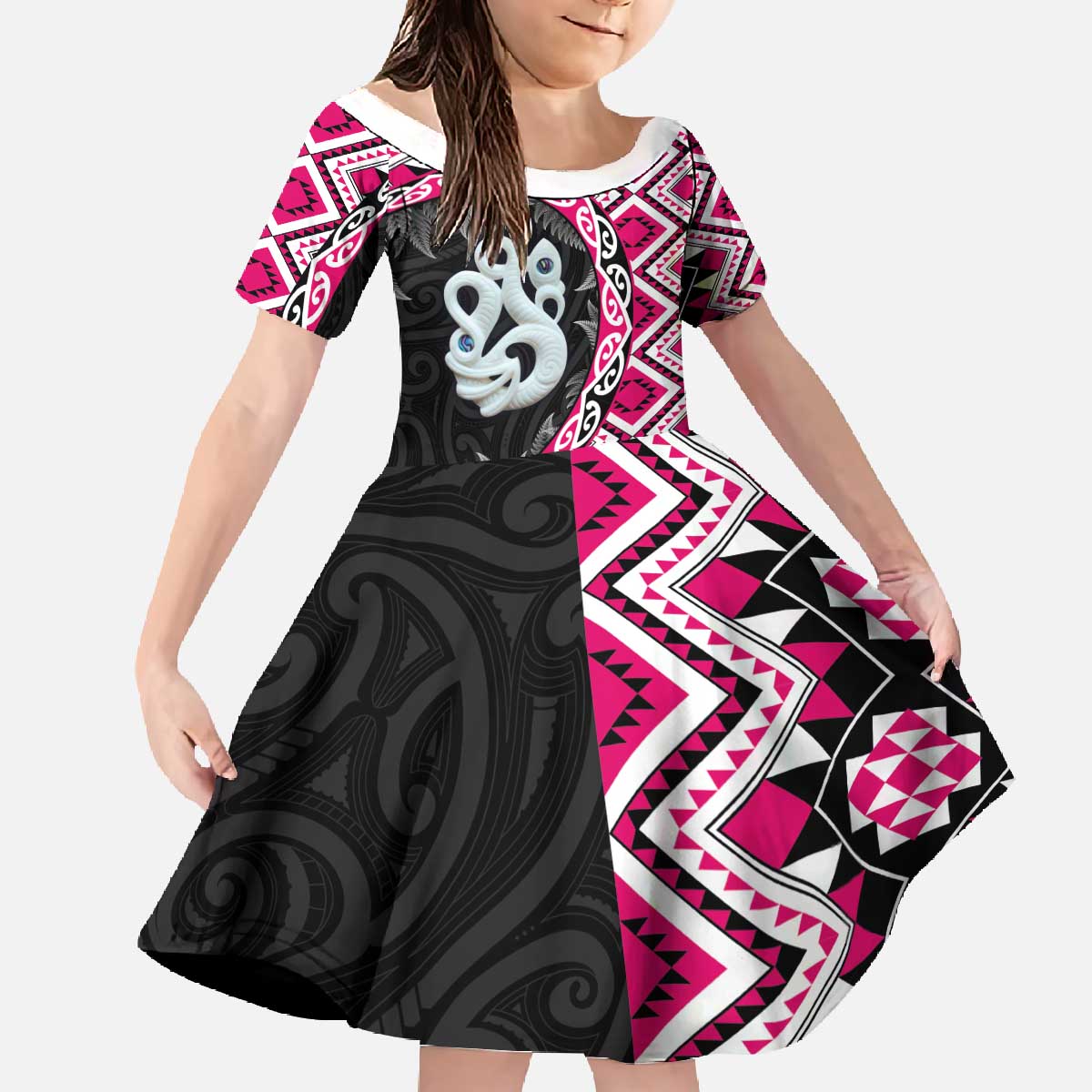Pink Taniko Motif Aotearoa Manaia and Silver Fern Family Matching Off The Shoulder Long Sleeve Dress and Hawaiian Shirt