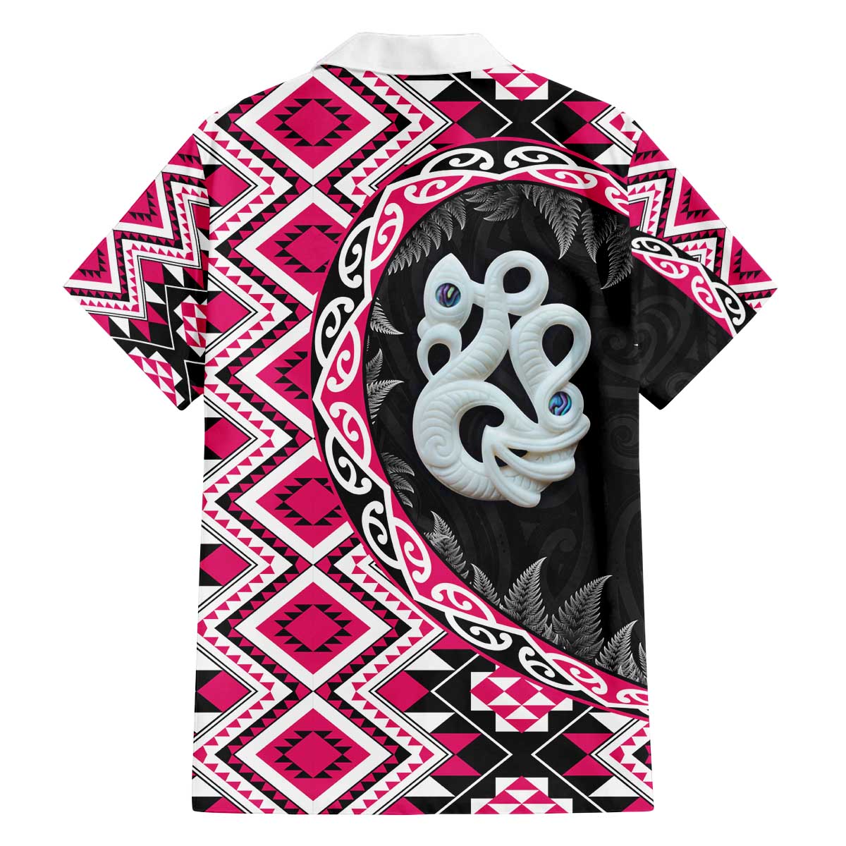 Pink Taniko Motif Aotearoa Manaia and Silver Fern Family Matching Off The Shoulder Long Sleeve Dress and Hawaiian Shirt