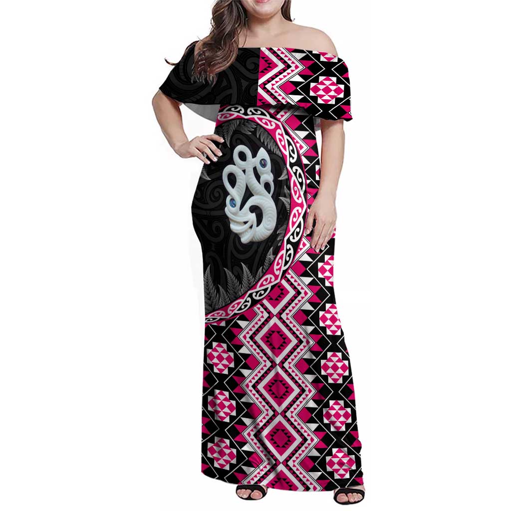 Pink Taniko Motif Aotearoa Manaia and Silver Fern Family Matching Off Shoulder Maxi Dress and Hawaiian Shirt