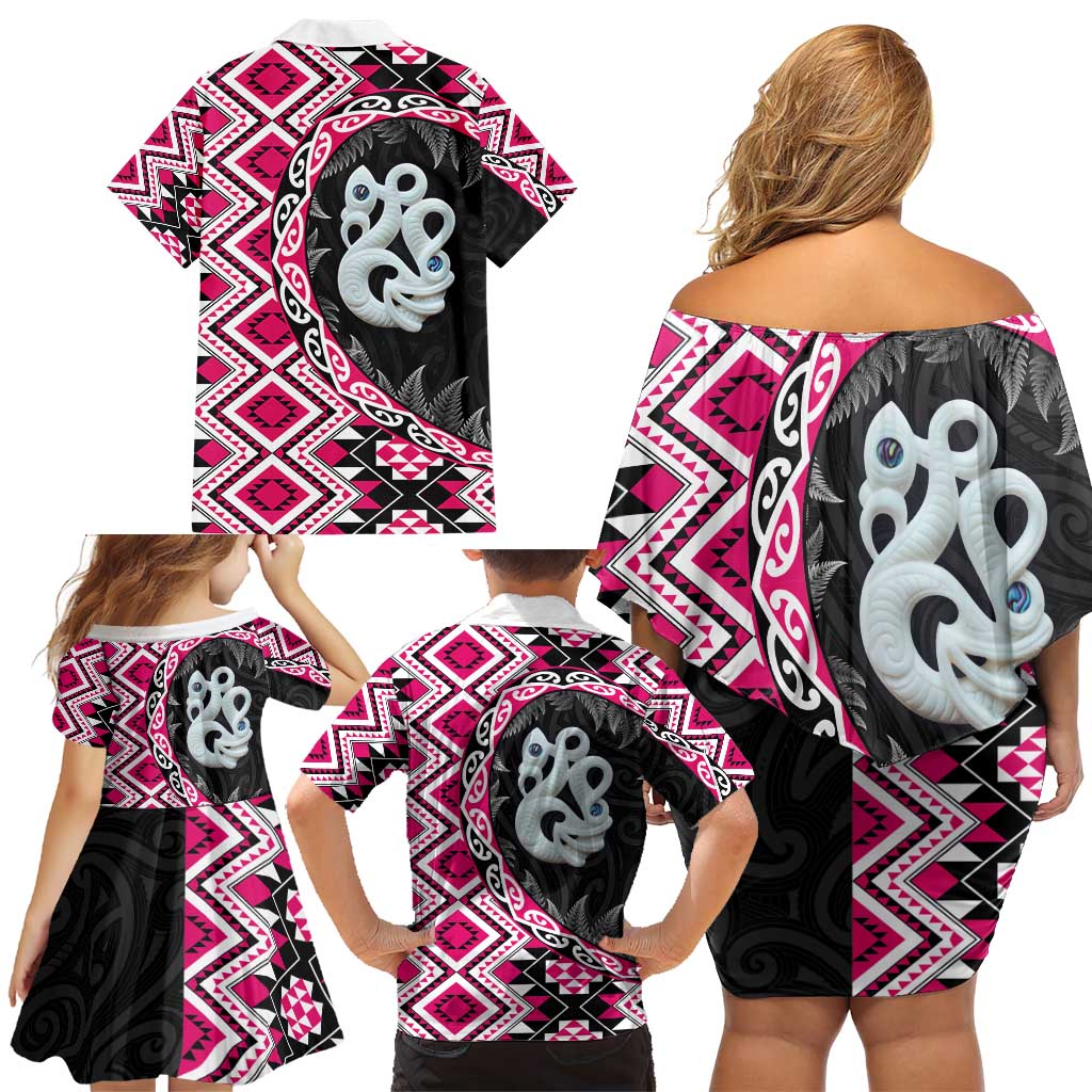 Pink Taniko Motif Aotearoa Manaia and Silver Fern Family Matching Off Shoulder Short Dress and Hawaiian Shirt