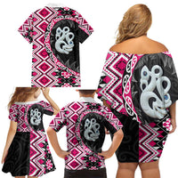Pink Taniko Motif Aotearoa Manaia and Silver Fern Family Matching Off Shoulder Short Dress and Hawaiian Shirt