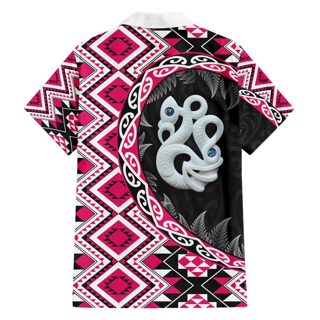 Pink Taniko Motif Aotearoa Manaia and Silver Fern Family Matching Off Shoulder Short Dress and Hawaiian Shirt