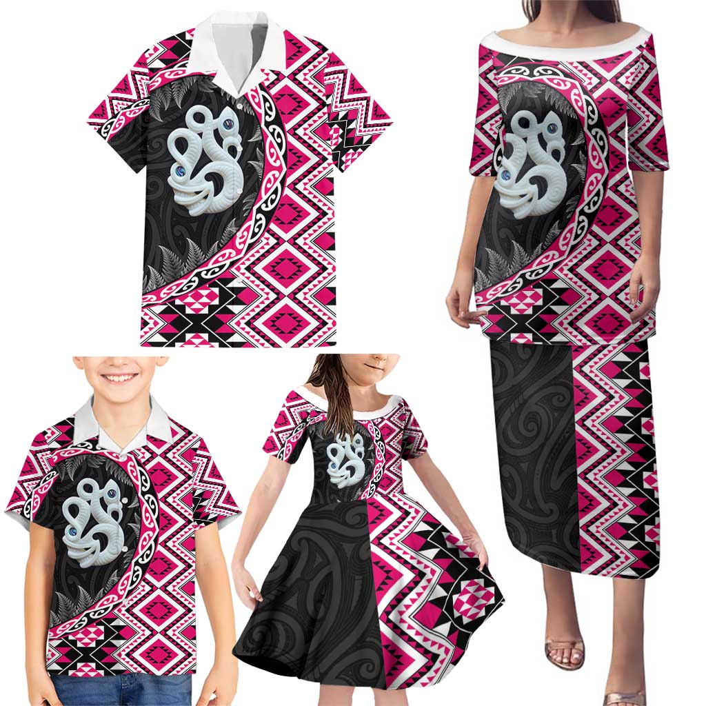 Pink Taniko Motif Aotearoa Manaia and Silver Fern Family Matching Puletasi and Hawaiian Shirt