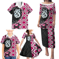Pink Taniko Motif Aotearoa Manaia and Silver Fern Family Matching Puletasi and Hawaiian Shirt