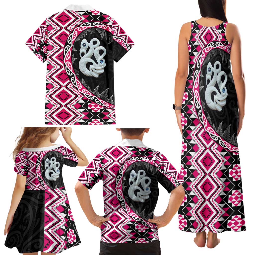 Pink Taniko Motif Aotearoa Manaia and Silver Fern Family Matching Tank Maxi Dress and Hawaiian Shirt
